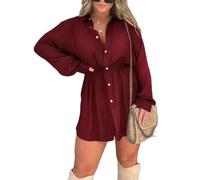Acrawnni Women Long Sleeve Turn Down Collar Jumpsuit Button Down Shirt Dress Set Romper Playsuit Bodysuit Short Jumpsuit (Wine Red, L)
