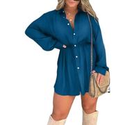 Acrawnni Women Long Sleeve Turn Down Collar Jumpsuit Button Down Shirt Dress Set Romper Playsuit Bodysuit Short Jumpsuit (Dark Blue, XL)