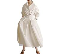 Acrawnni Women Maxi Shirt Dress Plus Size Long Sleeve Button Down Long Dress with Pockets A-line Fit and Flare Loose Swing Cocktail Dresse (A-Beige, S)