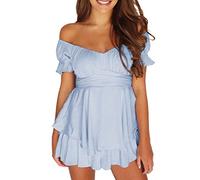 Acrawnni Women Puff Sleeve Dress Off Shoulder Smocked Bodycon Mini Dress Casual Ruched Boat Neck Ruffled A-Line Flowy Short Dress (B-Light Blue, M)