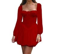 Acrawnni Women Puff Sleeve Dress Off Shoulder Smocked Bodycon Mini Dress Casual Ruched Boat Neck Ruffled A-Line Flowy Short Dress (D-Red, XL)