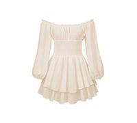 Acrawnni Women Puff Sleeve Dress Off Shoulder Smocked Bodycon Mini Dress Casual Ruched Boat Neck Ruffled A-Line Flowy Short Dress (C-Apricot, S)