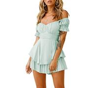Acrawnni Women Puff Sleeve Dress Off Shoulder Smocked Bodycon Mini Dress Casual Ruched Boat Neck Ruffled A-Line Flowy Short Dress (B-Light Green, XL)