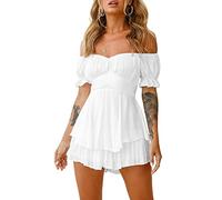 Acrawnni Women Puff Sleeve Dress Off Shoulder Smocked Bodycon Mini Dress Casual Ruched Boat Neck Ruffled A-Line Flowy Short Dress (B-White, L)