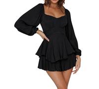 Acrawnni Women Puff Sleeve Dress Off Shoulder Smocked Bodycon Mini Dress Casual Ruched Boat Neck Ruffled A-Line Flowy Short Dress (E-Black, M)