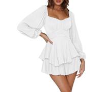Acrawnni Women Puff Sleeve Dress Off Shoulder Smocked Bodycon Mini Dress Casual Ruched Boat Neck Ruffled A-Line Flowy Short Dress (E-White, M)