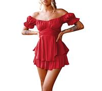Acrawnni Women Puff Sleeve Dress Off Shoulder Smocked Bodycon Mini Dress Casual Ruched Boat Neck Ruffled A-Line Flowy Short Dress (B-Red, M)