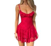 Acrawnni Women 's Lace Mini Corset Dress Sleeveless Spaghetti Strap Backless Lace Floral Tiered Ruffle Hem Bodycon Dresses Party Clubwear (A-Red, L)