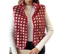 Acrawnni Women’s Sherpa Fuzzy Checkered Vest Sleeveless Stand Collar Zip Up Vest Jacket Fleece Plaid Gilet Tops Winter Warm Outwear (A-Red, L)