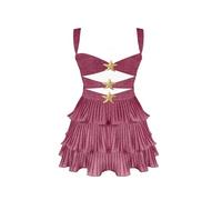 Acrawnni Women 's Y2K Sequin Mini Corset Dress Sleeveless Spaghetti Strap Hollow Tiered Ruffle Hem Bodycon Dresses Party Clubwear (A-Fuchsia, M)