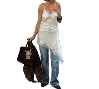 Acrawnni Women Satin Long Lace Cami Top Y2K Silk Spaghetti Strap Side Split Asymmetrical Tank Tops Dress Flowy Silky Layering Tops Nightwear (A-WHITE, M)