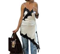 Acrawnni Women Satin Long Lace Cami Top Y2K Silk Spaghetti Strap Side Split Asymmetrical Tank Tops Dress Flowy Silky Layering Tops Nightwear (A-Ivory, XL)