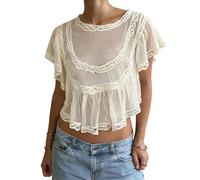 Acrawnni Women Sheer Poncho Top Y2K Lace Boho Ruffle Mesh Babydoll Cape Summer Going Out Shawl Beach Cover Up Streetwear (B-Beige Yellow, M)