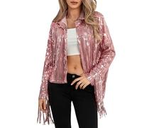 Acrawnni Women Sparkly Sequin Jacket Y2K Shiny Glitter Tassel Fringe Hem Disco Jacket Sequin Fringe Rave Jacket Coat 90s Streetwear (A-Rose Red, S)
