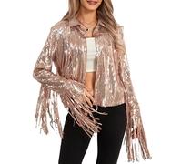 Acrawnni Women Sparkly Sequin Jacket Y2K Shiny Glitter Tassel Fringe Hem Disco Jacket Sequin Fringe Rave Jacket Coat 90s Streetwear (A-Rose Gold, XXL)