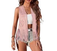 Acrawnni Women Tassel Vest 70s Hippie Faux Suede Rivets Sleeveless Fringe Waistcoat Jacket Open Front Boho Western Jacket Cardigan