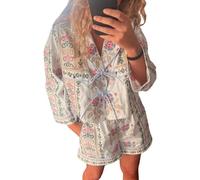 Acrawnni Women Tie Front Pajamas Sets Floral Stripe Print Long Sleeve Tie Front Shirt Wide Leg Shorts Y2k 2 Piece Pj Set (A-White, S)