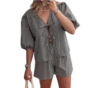 Acrawnni Women Tie Front Pajamas Sets Y2k Puff Sleeve Tie Front Plaid Babydoll Shirts Shorts Sets 2 Piece Pj Matching Set Loungewear (D-Black, XL)
