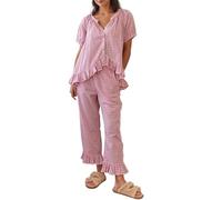 Acrawnni Women Y2K 2 Piece Plaid Pajama Sets Short Sleeve Gingham Print Button Up Ruffle Hem Shirt Wide Leg Pants Set Sleepwear Loungewear (A-Red, S)