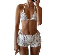 Acrawnni Women Y2k Bikini Sets Halter Neck Tie Up Lace Trim Bra and Thong Shorts Swimsuit Vintage Aesthetic Bathing Suits Swimwear