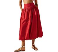 Acrawnni Women Y2k Bubble Maxi Skirt Low Elastic Waist Ruffle Pleated A-line Long Skirts Summer Beach Loose Fit Cute Puffball Balloon Skirt (A-Red, L)
