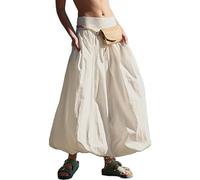 Acrawnni Women Y2k Bubble Maxi Skirt Low Elastic Waist Ruffle Pleated A-line Long Skirts Summer Beach Loose Fit Cute Puffball Balloon Skirt (A-Ivory, S)