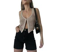 Acrawnni Women Y2k Crochet Vest Top Sleeveless V Neck Hollow Out Open Front Tie-Up Button Down Crop Tops Cardigan Crochet Knit Tank Vest (E-Khaki, s)