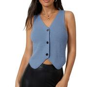 Acrawnni Women Y2k Crochet Vest Top Sleeveless V Neck Hollow Out Open Front Tie-Up Button Down Crop Tops Cardigan Crochet Knit Tank Vest (F-Blue, s)