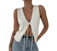Acrawnni Women Y2k Crochet Vest Top Sleeveless V Neck Hollow Out Open Front Tie-Up Button Down Crop Tops Cardigan Crochet Knit Tank Vest (B-White, M)