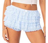 Acrawnni Women Y2k Lace Splice Shorts Lolita Layered Bloomers Cute Ruffle Lace Trim Pumpkin Pants Elastic Waist Mini Short Pants (E-Sky Blue, S)