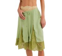 Acrawnni Women Y2k Lace Trim Satin Bermuda Shorts High Waisted Lace Patchwork Knee Length Wide Leg Silk Pajama Shorts Beach Vacation Bottom