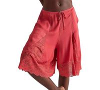 Acrawnni Women Y2k Lace Trim Satin Bermuda Shorts High Waisted Lace Patchwork Knee Length Wide Leg Silk Pajama Shorts Beach Vacation Bottom