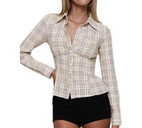 Acrawnni Women Y2K Plaid Button Down Shirt Coquette Long Sleeve V Neck Gingham Blouses Top Vintage Preppy Crop Top Shirt Streetwear (A-Apricot, S)