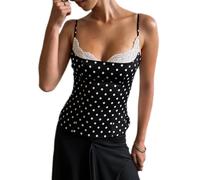 Acrawnni Women Y2k Polka Dot Cami Top Lace Trim V Neck Sleeveless Spaghetti Strap Camisole Dots Print Aesthetic Going Out Tank Top Streetwear (A-Black, L)