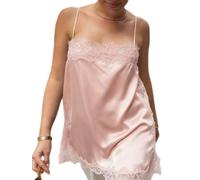 Acrawnni Women Y2k Satin Lace Trim Satin Camisole Tank Tops V Neck Sleeveless Spaghetti Strap Blouses Streetwear (E-Pink, M)