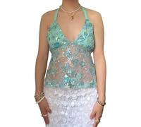 Acrawnni Women Y2k Sequin Halter Top Sheer Mesh Embroidered Beaded Cami Top Sleeveless Backless Sparkly Crop Tops Dance Rave Outfits (C-Light Green, S)