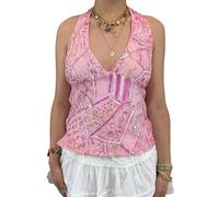 Acrawnni Women Y2k Sequin Halter Top Sheer Mesh Embroidered Beaded Cami Top Sleeveless Backless Sparkly Crop Tops Dance Rave Outfits (B-Pink, L)