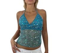 Acrawnni Women Y2k Sequin Halter Top Sheer Mesh Embroidered Beaded Cami Top Sleeveless Backless Sparkly Crop Tops Dance Rave Outfits (D-Blue, S)