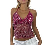 Acrawnni Women Y2k Sequin Halter Top Sheer Mesh Embroidered Beaded Cami Top Sleeveless Backless Sparkly Crop Tops Dance Rave Outfits