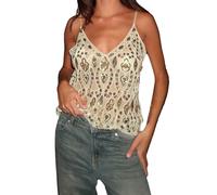 Acrawnni Women Y2k Sequin Halter Top Sheer Mesh Embroidered Beaded Cami Top Sleeveless Backless Sparkly Crop Tops Dance Rave Outfits (A-Beige, L)