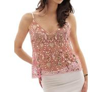 Acrawnni Women Y2k Sequin Halter Top Sheer Mesh Embroidered Beaded Cami Top Sleeveless Backless Sparkly Crop Tops Dance Rave Outfits (A-Mixed Color, XL)