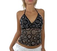 Acrawnni Women Y2k Sequin Halter Top Sheer Mesh Embroidered Beaded Cami Top Sleeveless Backless Sparkly Crop Tops Dance Rave Outfits