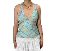 Acrawnni Women Y2k Sequin Halter Top Sheer Mesh Embroidered Beaded Cami Top Sleeveless Backless Sparkly Crop Tops Dance Rave Outfits (B-Blue, L)