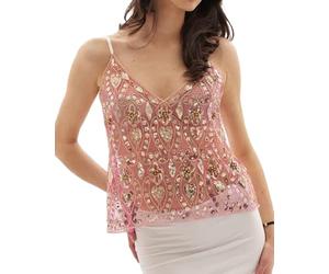 Acrawnni Women Y2k Sequin Halter Top Sheer Mesh Embroidered Beaded Cami Top Sleeveless Backless Sparkly Crop Tops Dance Rave Outfits