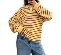 Acrawnni Women Y2k Striped Oversized Polo Sweater Shirt Vintage Aesthetic Preppy Knit Long Sleeve Lapel Collar Pullover Sweatshirt Golf Rugby Sweater (A-Yellow, L)