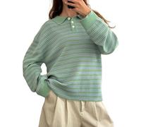 Acrawnni Women Y2k Striped Oversized Polo Sweater Shirt Vintage Aesthetic Preppy Knit Long Sleeve Lapel Collar Pullover Sweatshirt Golf Rugby Sweater