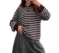Acrawnni Women Y2k Striped Oversized Polo Sweater Shirt Vintage Aesthetic Preppy Knit Long Sleeve Lapel Collar Pullover Sweatshirt Golf Rugby Sweater
