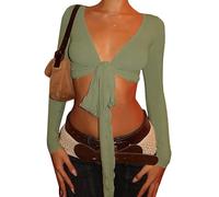 Acrawnni Women Y2K Tie Front Wrap Tops Long Sleeve Deep V Neck Ballet Pilates Yoga Crop Shirts Going Out Workout Crop Tops Blouses Shrugs (A-Green, M)