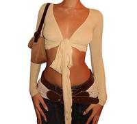 Acrawnni Women Y2K Tie Front Wrap Tops Long Sleeve Deep V Neck Ballet Pilates Yoga Crop Shirts Going Out Workout Crop Tops Blouses Shrugs (A-Beige, S)