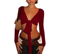 Acrawnni Women Y2K Tie Front Wrap Tops Long Sleeve Deep V Neck Ballet Pilates Yoga Crop Shirts Going Out Workout Crop Tops Blouses Shrugs (A-Burgundy, M)
